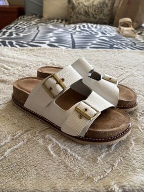 Women’s White Double-Buckle Slide Sandals with Gold Hardware